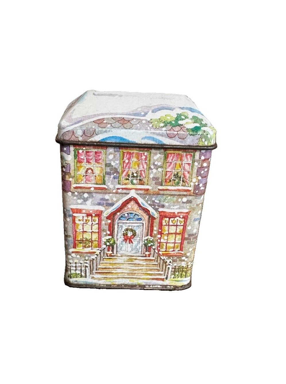 Vintage 1988 Lillian Vernon Miniature Snowy Christmas House Tin Box With Lid